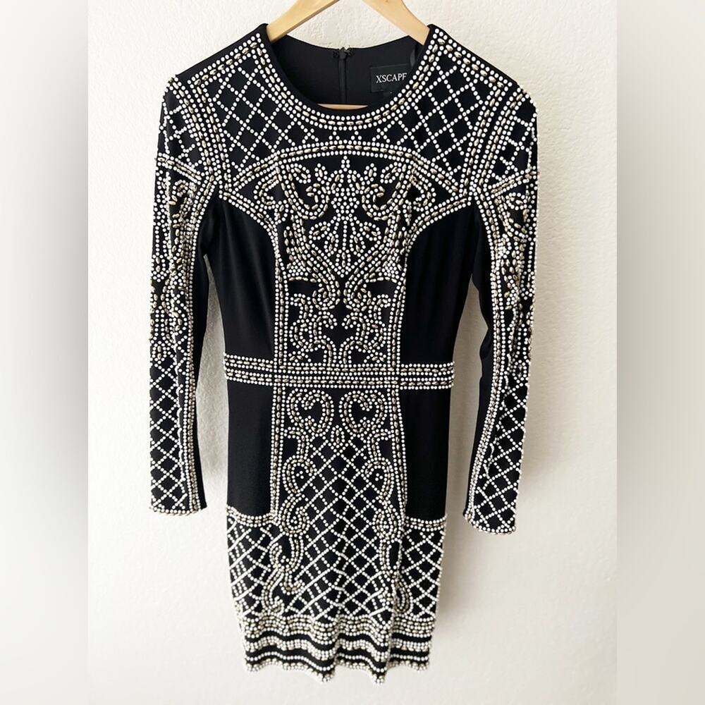 Xscape Black White Beaded Long Sleeve Cocktail Evening Mini Dress Size 4